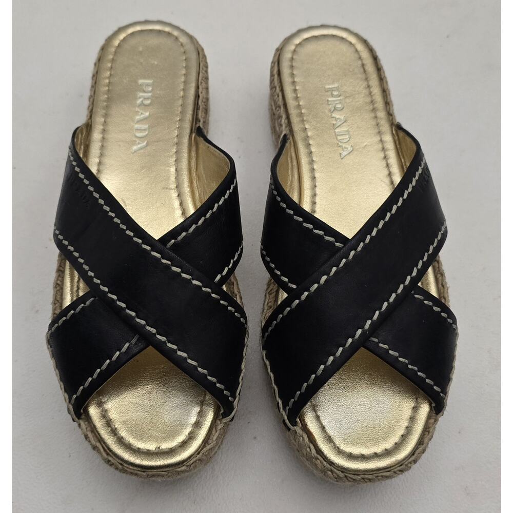 Womens Prada Leather Cross Strap Espadrille Platform Sandals Black Eu 37.5/7.5US - Picture 2 of 13